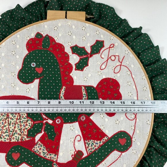 Handmade Christmas Rocking Horse Joy Drum Ruffled Edge Wall Art Embroidery Hoop - Picture 6 of 12